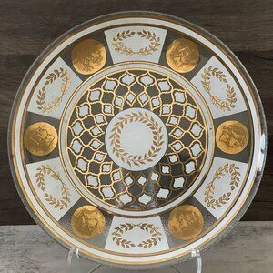 Vintage Helen Luger Valencia Round 8.25" Clear Glass Plate Gold Roman Coins